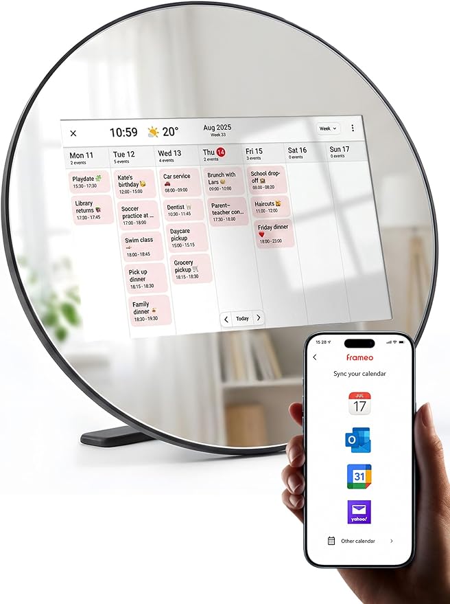 Frameo Digital Picture Frame WiFi Calendar 10.1" Mirror 3-in-1 Touchscreen Photo Frame, Auto-Synced Calendar, Share Photos & Videos via App, 32GB Wall/Tabletop for Parents Grandparents Home Gifts