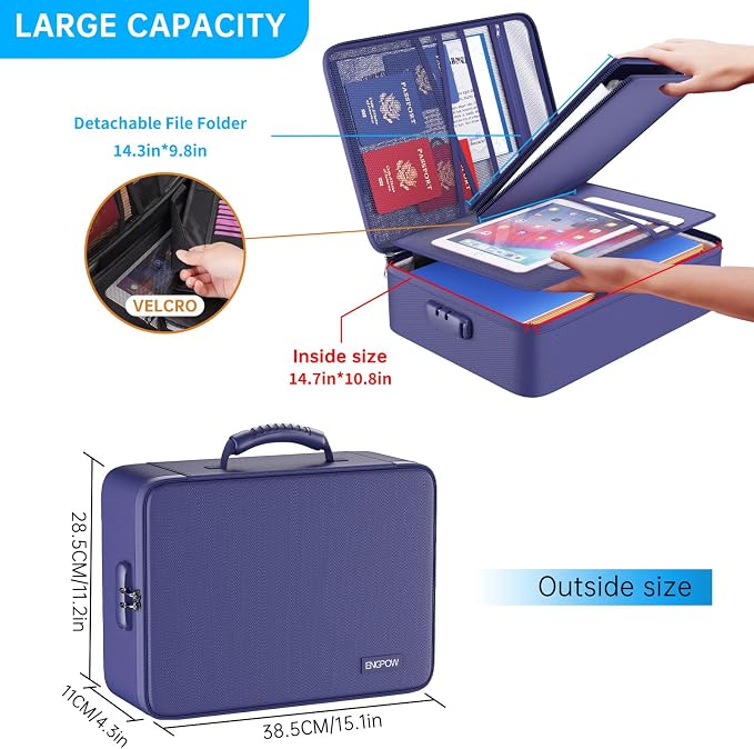 ENGPOW Fireproof File Organizer Bag with 13 Pockets Accordion File Folder | 5200℉ Document Organizer Box with Lock & Labels, Multi-Layer, Portable Home Safe Storage for Important Documents, Blue