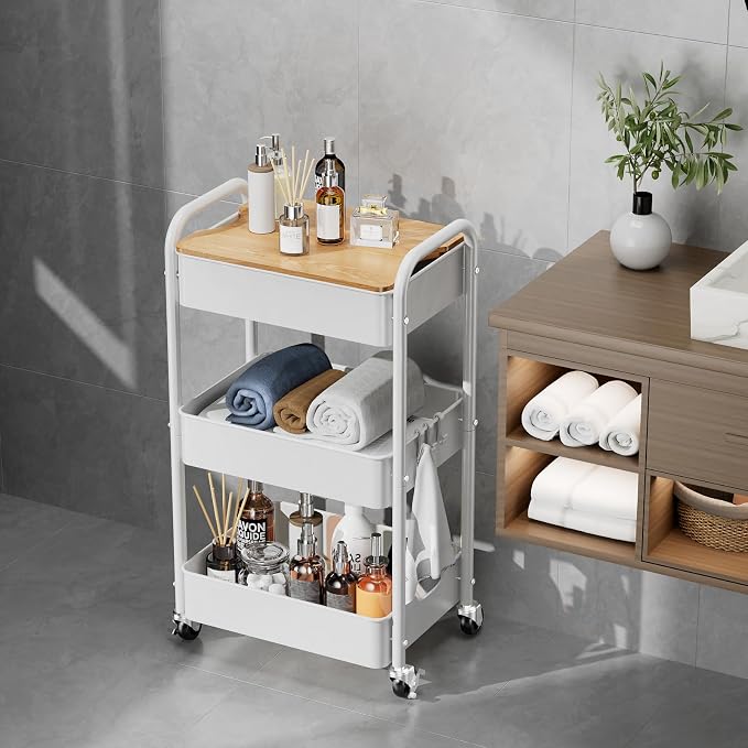 3-Tier Rolling Cart with Table Top, Metal Utility Cart on Wheels | Sturdy Storage Organizer Cart with Lockable Wheels&Hooks for Craft, Office, Classroom, Kitchen and Bathroom, WHite