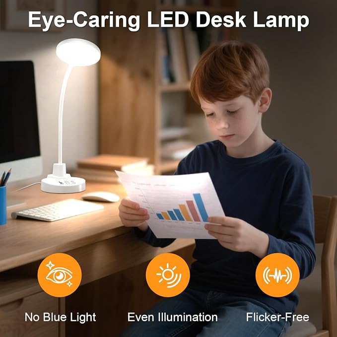 15W LED Desk Lamp with USB Charging Ports, [Button & Remote Control] Dimmable Table Lamp with 3 Color Modes, 5 Brightness Levels, 4 Timers, Flexible Reading Light for Home Office, Bedroom, Kids Study