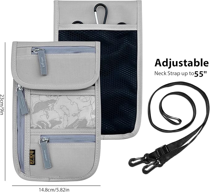 Travel Neck Wallet, RFID Blocking Passport Holder with Adjustable Neck Strap for Men and Women to Keep Cash, Credit Cards and Travel Documents Safe - Grey