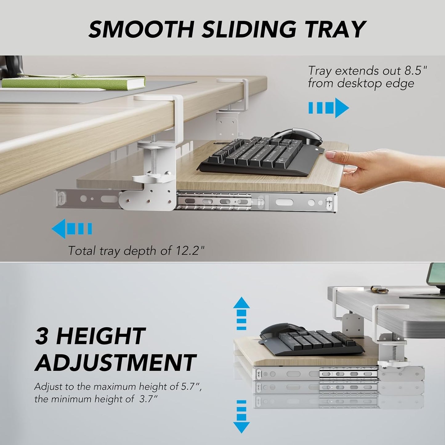 Keyboard Tray Under Desk Pull Out with Extra Sturdy C Clamp Mount System, 27.3 (32.5 inch Including Clamps) x 11 Inch Slide-Out Platform Computer Drawer for Typing Grain AX01WG01