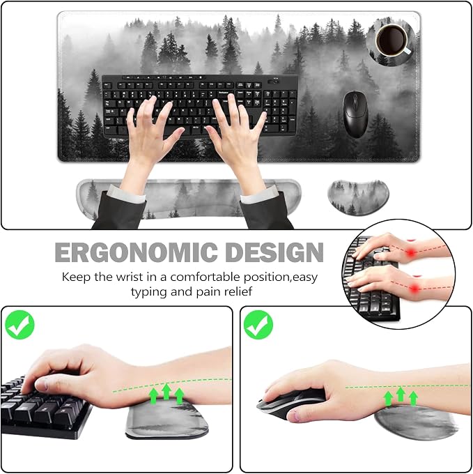 ToLuLu Extended Gaming Mouse Pad, Ergonomic Keyboard Mouse Wrist Rest Set | Large Desk Mat with Stitched Edges, Non-Slip Base Memory Foam Support Mousepad for Home Office Game Study, Tree Forests