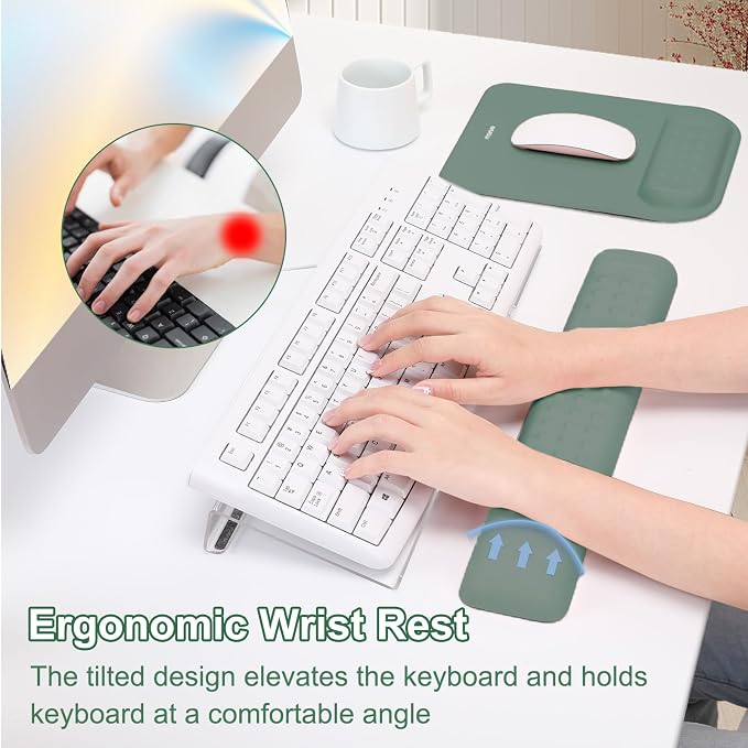 MOSISO Keyboard Stand&Wrist Rest Support for Keyboard &Mouse Pad Set | Ergonomic Massage Wrist Rest Set, Easy Typing Working Acrylic Clear Stand for Office Home, Emerald Green