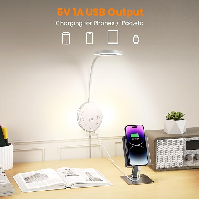 Wall Mounted Reading Light,Headboard Reading Lamp with 5 Color Temperature &5 Dimming,360°Flexible Gooseneck,USB Output, Night Light&Timer Function- Perfect for Reading in Bed (White 2 PCS)