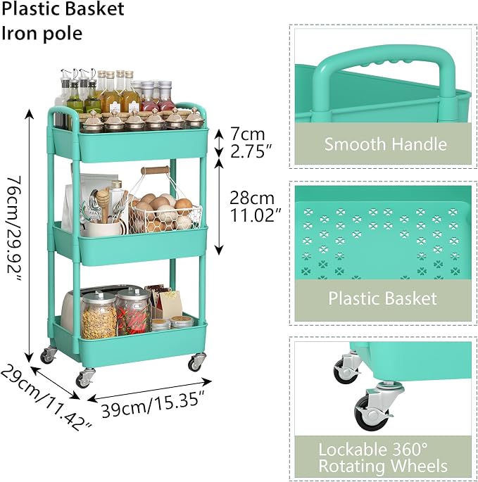 Sywhitta 3-Tier Plastic Rolling Utility Cart with Handle, Multi-Functional Storage Trolley for Office, Living Room, Kitchen, Movable Storage Organizer with Wheels, Green | Multi-Functional Storage Trolley, for Office, Living Room, Kitchen, Bathroom,Mov...