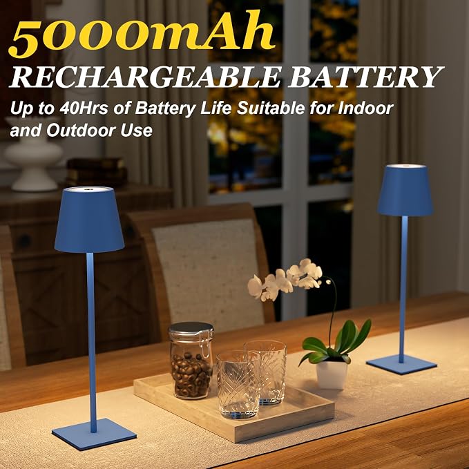 Kakanuo Cordless Rechargeable Table Lamp Navy 5000mAh Battery Operated Lamps, 3 Colors Stepless Dimming Touch Lamp for Living Room, Kitchen Counter, Dining, Outdoor Patio, 2 Pack