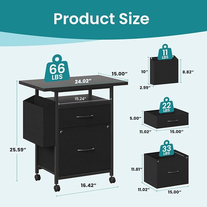 OLIXIS 2 Drawer File Cabinet with 24'' Wide Desktop, Rolling Printer Stand | Printer Cart with Lockable Wheels, Fabric Drawer Cabinet Under Desk with Storage Side Bag for Small Space, Home Office, Black