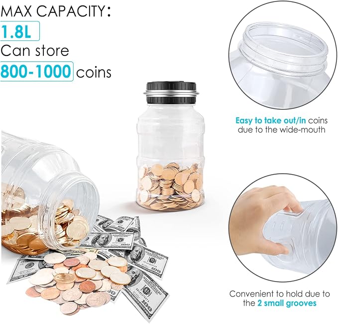 Large Piggy Bank for Boys Adults, Vcertcpl Digital Coin Counting Bank with LCD Counter, 1.8L Capacity Coin Bank Money Jar for Adults, Designed for All US Coins (Silver)