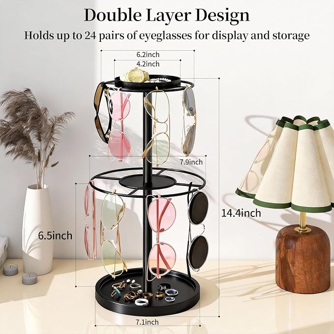 LSK 2-Tier Sunglass Organizer, Metal Glasses Stand with Storage Tray, Black | Sunglass Holder with Non-Slip Pad for Nightstand, Tabletop, Desk, Dresser, Hanging Up to 9 Pairs Sunlasses/Reading Glasses