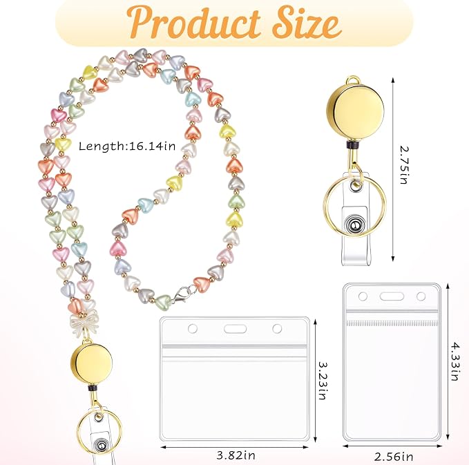 Teacher Lanyard with ID Holder Cute Beaded Lanyards for ID Badge Holders Retractable Badge Reel （Heart）