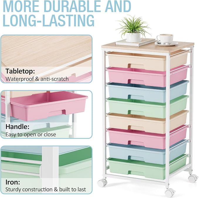 Rolling Storage Cart, Rainbow Cart with 8 Drawers and Wooden Tabletop, Teacher Organization for Classroom, Art Cart for Classroom,Office,Bedroom,Rainbow | Teacher Organization for Classroom, Art Cart for Office,Bedroom,Craft Room