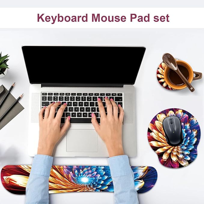Keyboard Wrist Rest and Mouse Wrist Rest Pad with Cup Coaster,Made of Memory Foam,Ergonomic Support,Easy-Typing and Pain Relief,for Gaming Office Home Computer,Abstract Flower