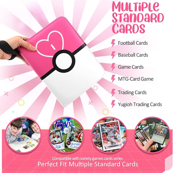 Card Binder 4 Pocket, Trading Card Holder Fits 400 Cards With 50 Removable Sleeves, Portable Collection Card Ablum, Game Card Case book With Zipper for Gift Pink