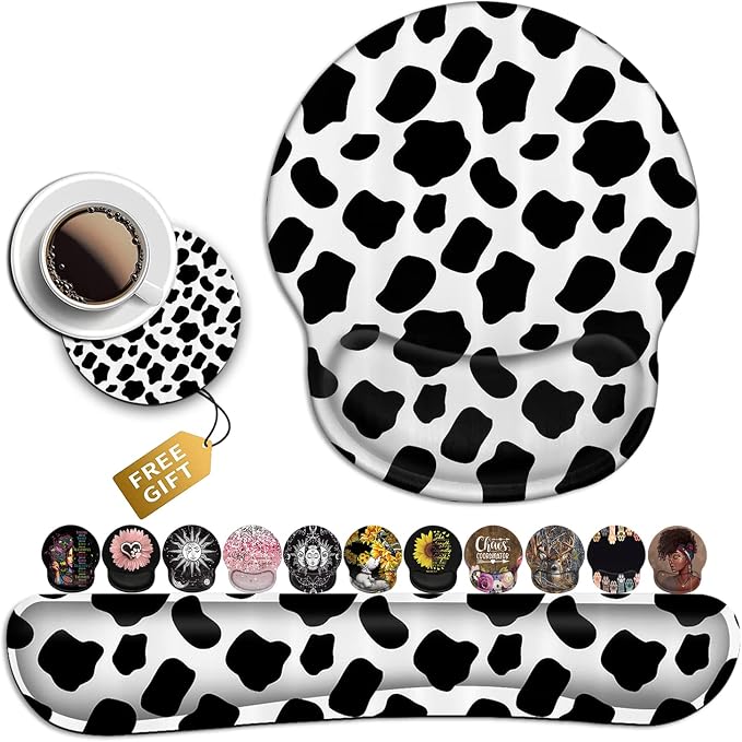 Wireless Mouse Pad with Wrist Support, Ergonomic Gel Mouse Pad, Keyboard Wrist Rest, Soft Memory Foam Keyboard Wrist Pad for Office Typing Desk Pad, Black and White Cow Pattern Animal Gaming Mousepad