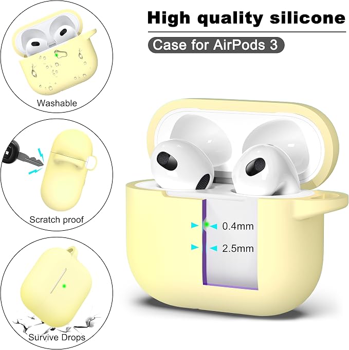 R-fun Compatible with AirPod 3 Case Cover, Silicone Protective Accessories Skin with Keychain Compatible with Apple AirPod 3rd Generation 2021 for Women Men Girls Boys,Front LED Visible,Cream Yellow