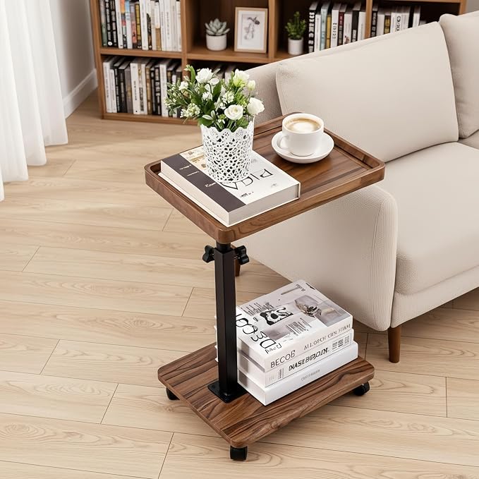 C Table End Table Adjustable Height,C Shaped End for Couch，Snack Tables,360°Swivel TV Tray Sofa Table,Tables that Slide Under,Coffee SideTable for Bed,Chair,Bath-tub,Outdoor(Walnut Color)