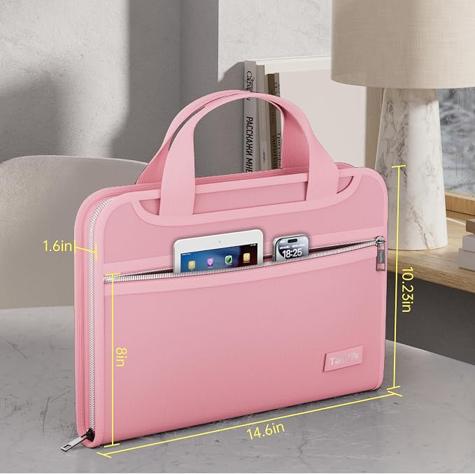 Tamfile Fireproof Accordion File Organizer, Expanding File Folder, Pink | 13 Pocket Colorful, Handle, Zipper & Labels, Multi-Pockets Paper Organizer, for Letter A4 Files, Home, Office, School