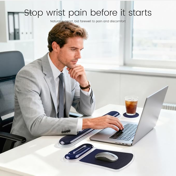 Ospelelf Mouse Pad with Wrist Rest and Ergonomic Gel Keyboard Hand Wrist, Support for Typing Gaming, Relieve Wrist Pain, Cool & Easy to Clean, for Office, Programmer, Home Computer Use Black Blue