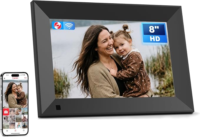 Frameo 8 Inch smart WiFi Digital Photo Frame with 1280x800 HD IPS Touchscreen, Frameo Digital Frame WiFi 16GB, Wall Mountable, Share Photo/Video via Apps, Email, Support USB/Mirco SD, Black