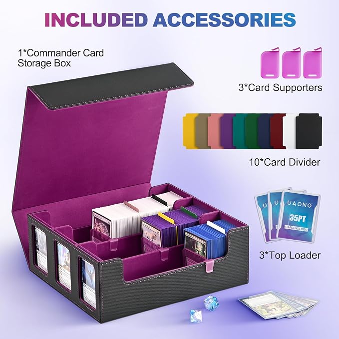 UAONO Card Storage Box for Trading Cards, 1800+ Commander Deck Box for MTG with Display Window, Toploader Card Case fits Magic TCG PTCG Sports Cards; 10 Removable Divider, 3 Stoppers (Black, Purple)