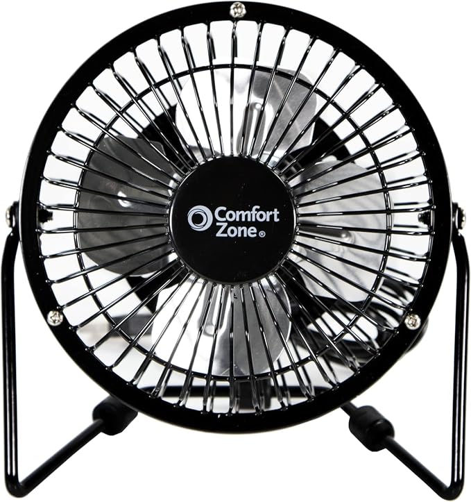 Comfort Zone 4-inch All-Metal Mini Desk Fan – High Velocity Portable USB Fan with 120V Wall Adapter, 360° Adjustable Tilt & Quiet Operation – Compact Electric Table Fan for Office, Home & Travel