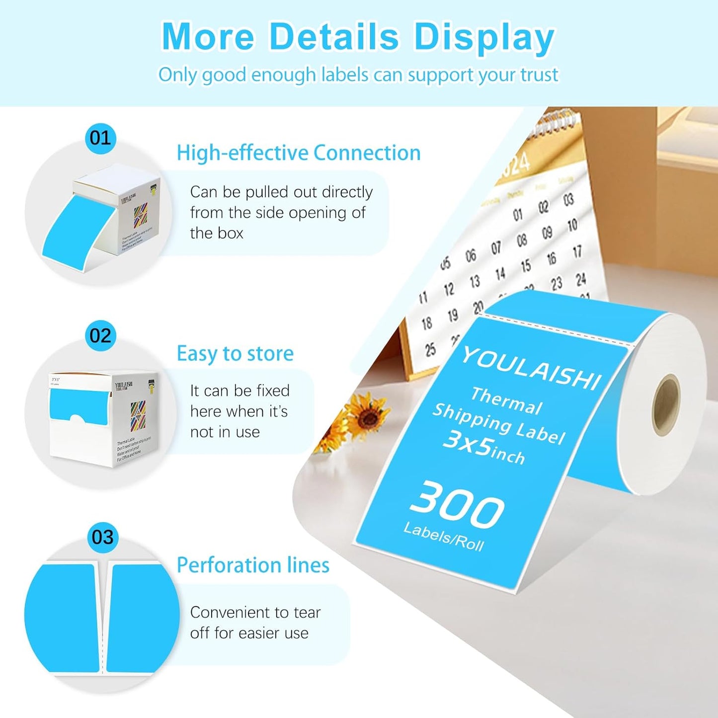 3 X 5 Inch Printable Waterproof Rectangle Color Coding Labels, 300 Per Roll Adhesive Color Coding Stickers for Bar-Codes, Address, Small Business Labeling, Inventory (Sky Blue)
