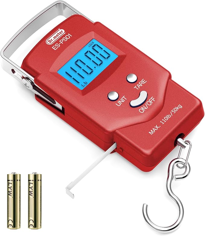 Dr.meter Fish Scale, 110 lb Digital Luggage Scale with Tape | 110 lb Capacity, Backlit LCD, Built-In Tape, Includes 2 AAA Batteries, Compact Pocket Size