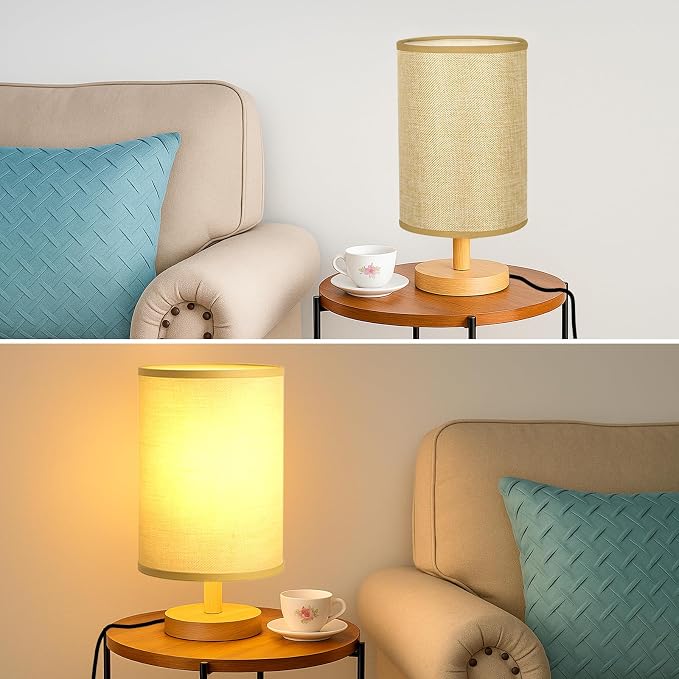Desk Lamp LED Bulb Included, Small Bedside Table Lamp Plug-in - Classic Wood Base with Flaxen Fabric Shade, Lamps for Night Stands, Simple Nightstand Light for Bedroom, Office, Desk