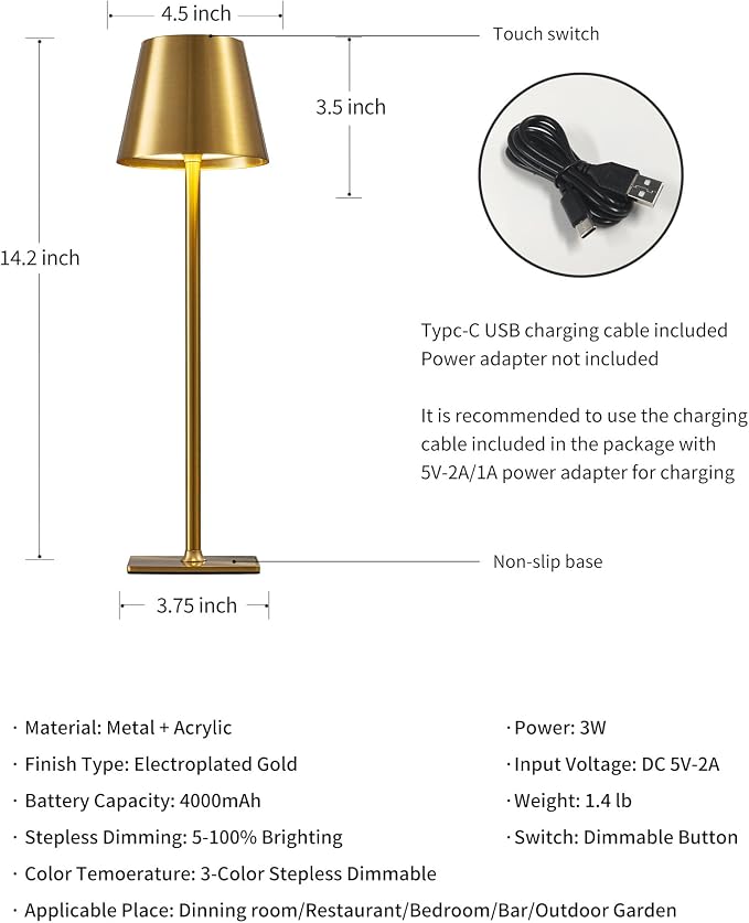 KDG 2 Pack Cordless Gold Table Lamps, Rechargeable Portable LED Desk Lamps | 4000mAh Battery Operated 3 Color Stepless Dimming Up for Restaurant, Bedroom, Outdoor Party, Camping, Coffee Shop, Nightlight