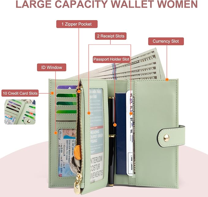 yiijay Wallets for Women RFID Blocking Leather Trifold Clutch Wallet Credit Card Holder Ladies Travel Wallet Purse with Passport/Pen Holder