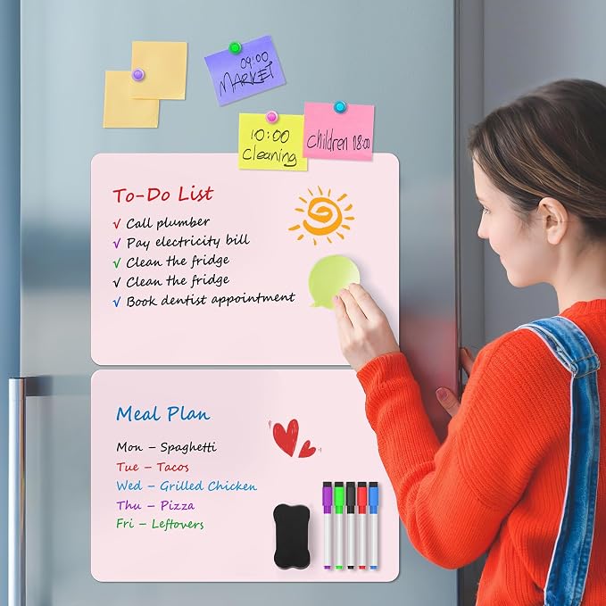 MaxGear Magnetic Whiteboard for Fridge 12x8 Pink 5 Pack | Strong Magnet, Dry Erase, Reusable, Easy Clean, Stain Resistant, Meal Planner, Grocery List, Family Notes, Kitchen Organizer
