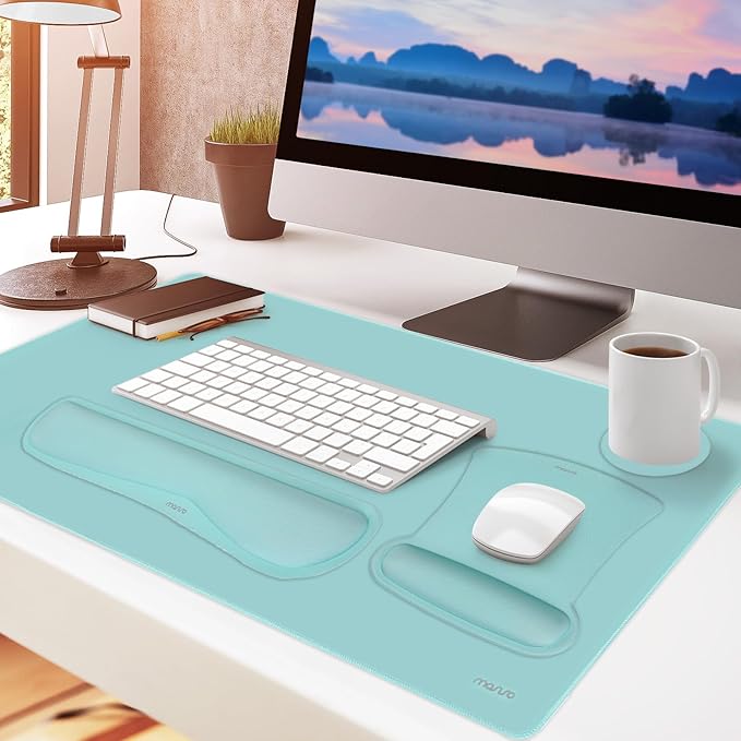 MOSISO Keyboard Mouse Pad Set, Large Gaming Mousepad&Keyboard Wrist Rest&Mouse Wrist Rest&Coaster, Ergonomic Non-Slip Mousepad&Easy Typing Cushion with Memory Foam for Home Office, Aquamarine