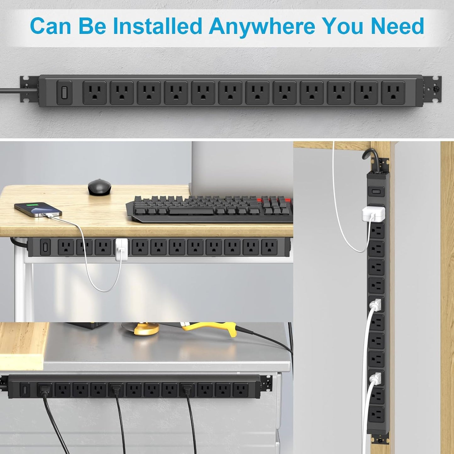 HHSOET 360° Rotating 12 Outlet Mountable Power Strip, Metal Gaming Table Mounted Outlet Strip, Heavy Duty Wall Mount Surge Protector with Switch, Works Great and Very Versatile, 15ft Power Cord.Black