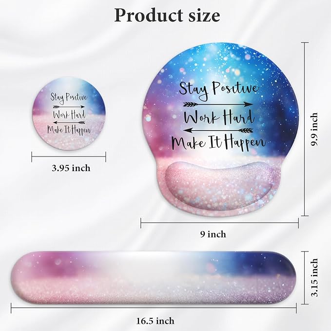 3 in 1 Ergonomic Mouse Pad and Keyboard Wrist Rest with Coaster Set-Glitter | Cute Large Mousepad with Gel Wrist Support for Gaming Computer Laptop Women Office Home Desk Decor