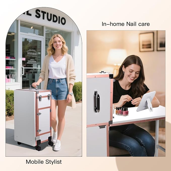 Rolling Portable Manicure Table with 3 Drawers, Lockable Makeup Train Case with Detachable Mirror, Foldable Nail Desk with Wheels & Handle, Mesa de Uñas Profesional para Nail Techs & Salon Use, White