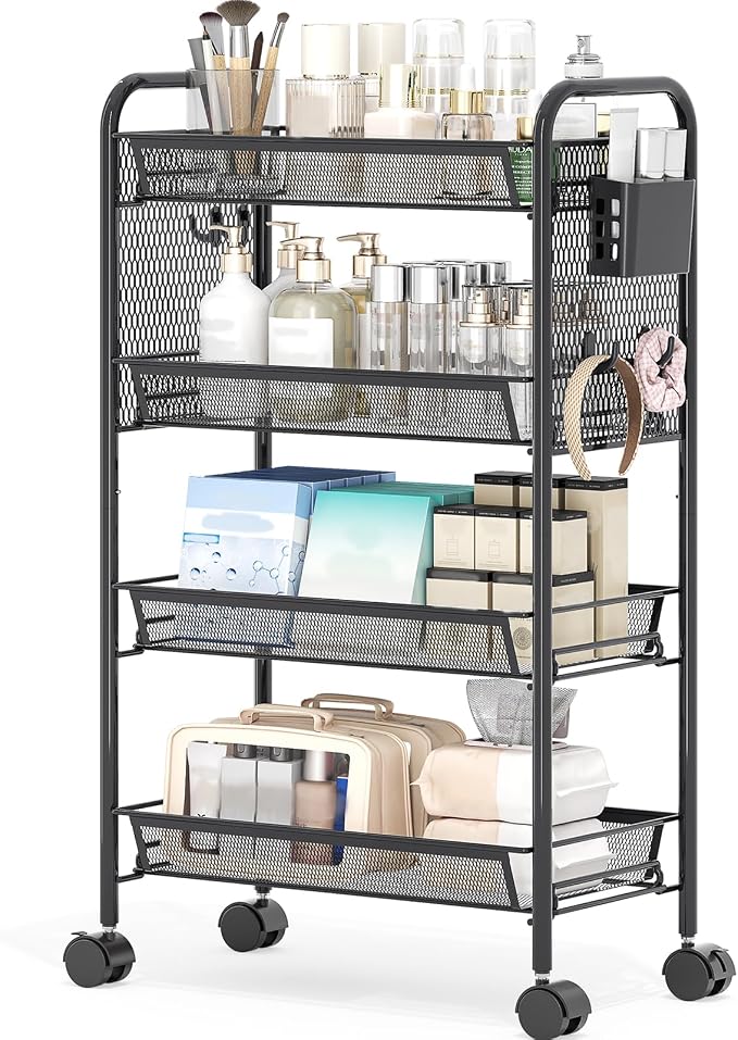 KINGRACK 4 Tier Rolling Cart, Metal Utility Storage Cart with Pegboard | Screwless Assembly, Lockable Wheels, 4 Hooks & 1 Bin, Mobile Organizer for Bathroom Kitchen Office Craft Room Laundry, Black