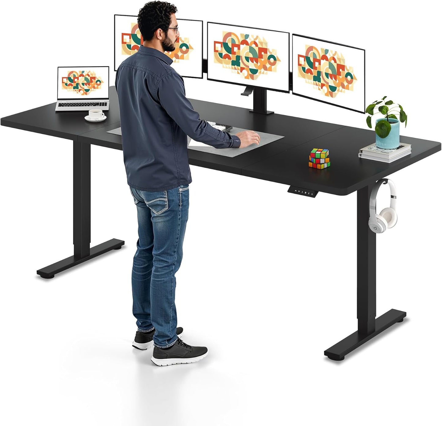 SANODESK Electric Standing Desk 79 x 32 Inches Height Adjustable Stand Up w/6-Button Ergonomic Computer Desk with Splice Board for Home Office, Black Frame + Black Tabletop