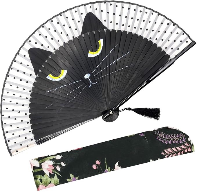 OMyTea "Sexy Cat Folding Hand Held Fan for Women - with a Fabric Sleeve for Protection - Chinese/Japanese Vintage Retro Style for Wedding, Dancing, Church, Party, Gifts (Black)