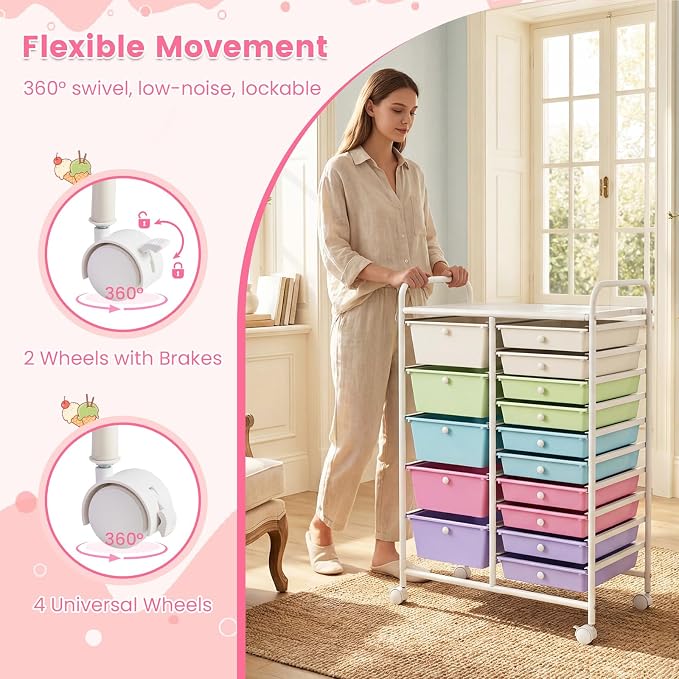 15 Drawer Rolling Storage Cart, Rolling Cart with Drawers for Classroom, Art Supply Craft Organizer on Wheel with Metal Frame & Handles for Home Office School (Ice cream color, 15 Drawer)