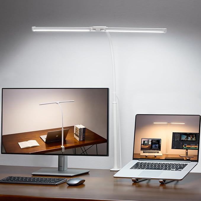 LED Desk Lamp for Home Office, Double Head Desk Light with Clamp | 3 Modes 10 Brightness, Long Flexible Goose-Neck, Eye-Caring, Memory Function, Energy Efficient, USB Adapter, Metal, White