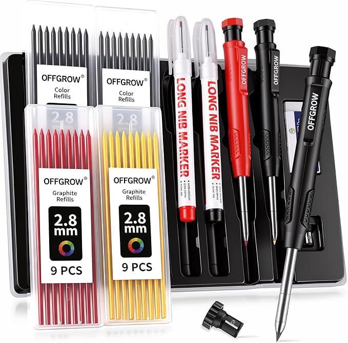 2-Pack Mechanical Carpenter Pencils Set with Refills and Case | 2.8 mm Refills, Built-in Sharpener, 48 mm Deep-Hole Marker, Storage Case, for Wood Metal Concrete Glass