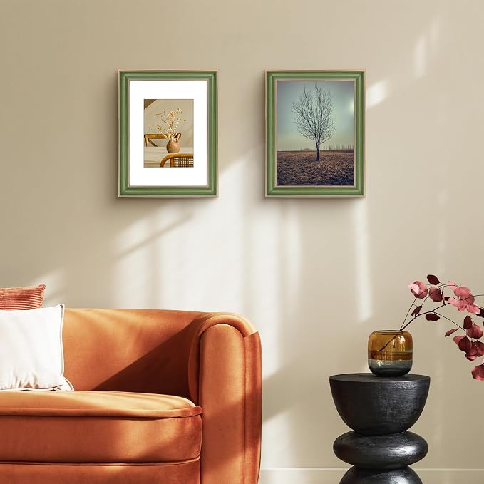 Golden State Art, 9x12 Photo Frame With Mat for Pictures 6x8 and Real Glass (Green With Gold Trim - White Color Mat, 1.25 Inch Frame Border)