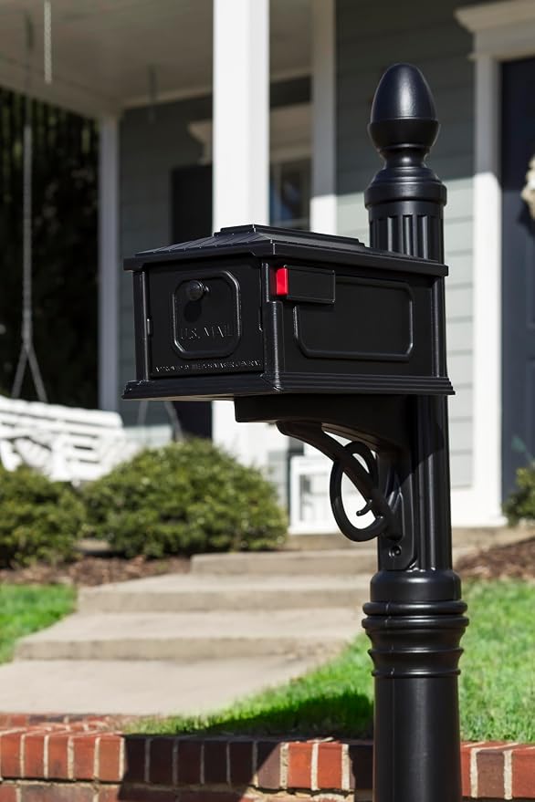 Architectural Mailboxes Stratford Plastic Mailbox and Post Kit, SC000BAM, Black, Medium Capacity | Includes the matching post and all hardware. Durable plastic build with weather-resistant outdoor construction. USPS approved