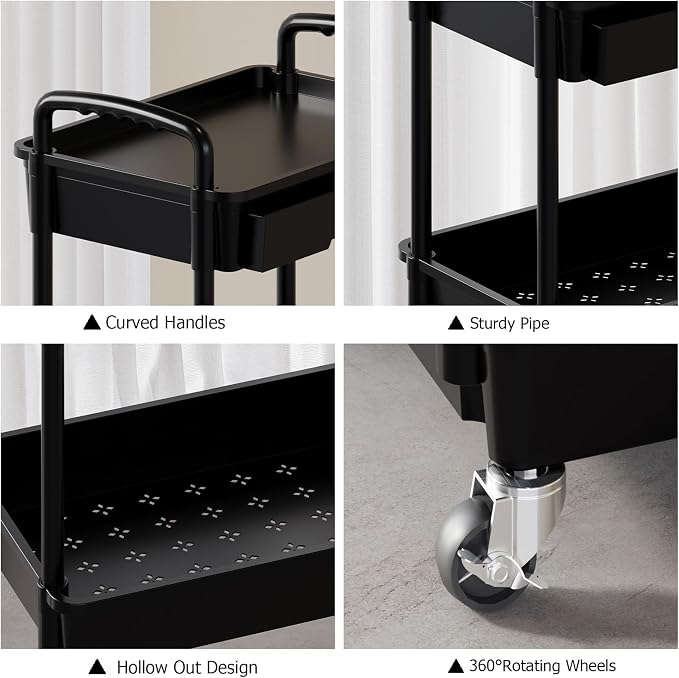4 Tier Rolling Utility Cart with Drawer, Plastic Storage Organizer Rolling Carts with Wheels Handles Hanging Cups Hooks for Office, Bathroom, Kitchen,Craft Art Room (Black)