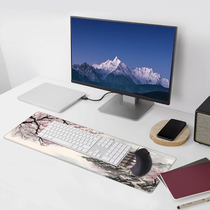 Cherry Blossom Gaming Mouse Pad Large Extended Desk Mat Non-Slip Rubber Base Keyboard Pad with Stitched Edges for Office Gaming 31.5x11.8 in