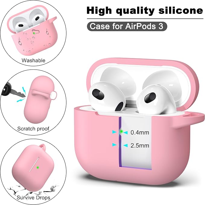 R-fun Compatible with AirPods 3 Case Cover, Silicone Protective Accessories Skin with Keychain Compatible with Apple AirPod 3rd Generation 2021 for Women Men Girls Boys,Front LED Visible,Pink