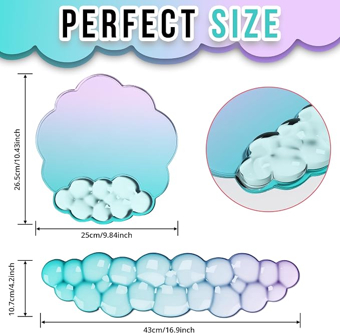Cloud Wrist Rest Gel Set — Ergonomic Cloud Wrist Rest Keyboard and Mouse, Non-Slip Desk Accessories for Office and Home（Gradient Purple Cyan）