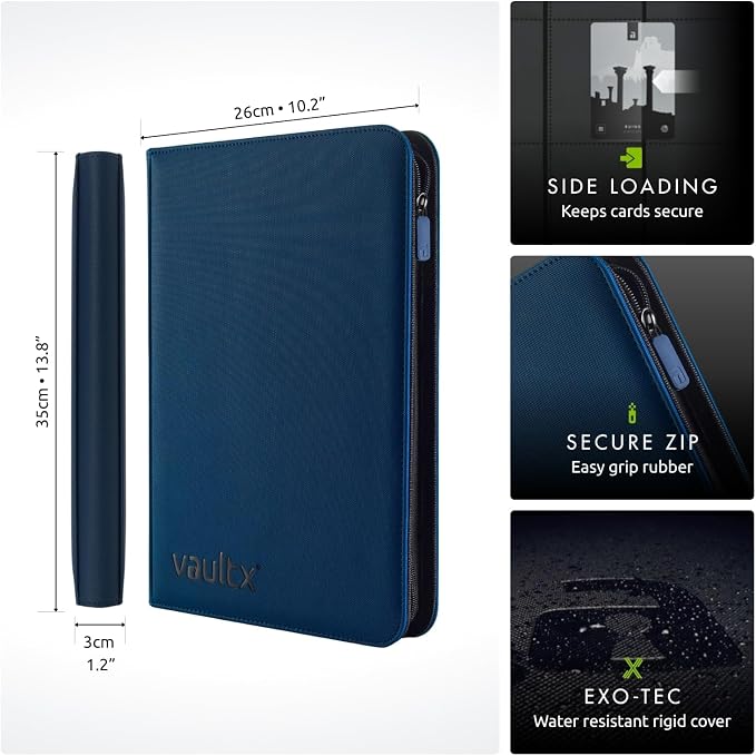 Vault X 9 Pocket Zip Binder, 360 Cards, Exo-Tec Material, 20 Side-Loading Pages (Blue)