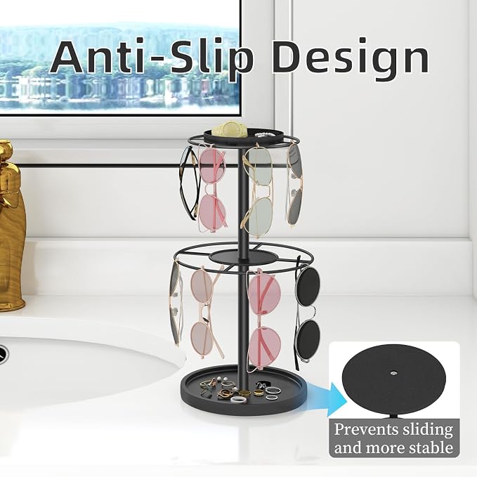LSK 2-Tier Sunglass Organizer, Metal Glasses Stand with Storage Tray, Black | Sunglass Holder with Non-Slip Pad for Nightstand, Tabletop, Desk, Dresser, Hanging Up to 9 Pairs Sunlasses/Reading Glasses